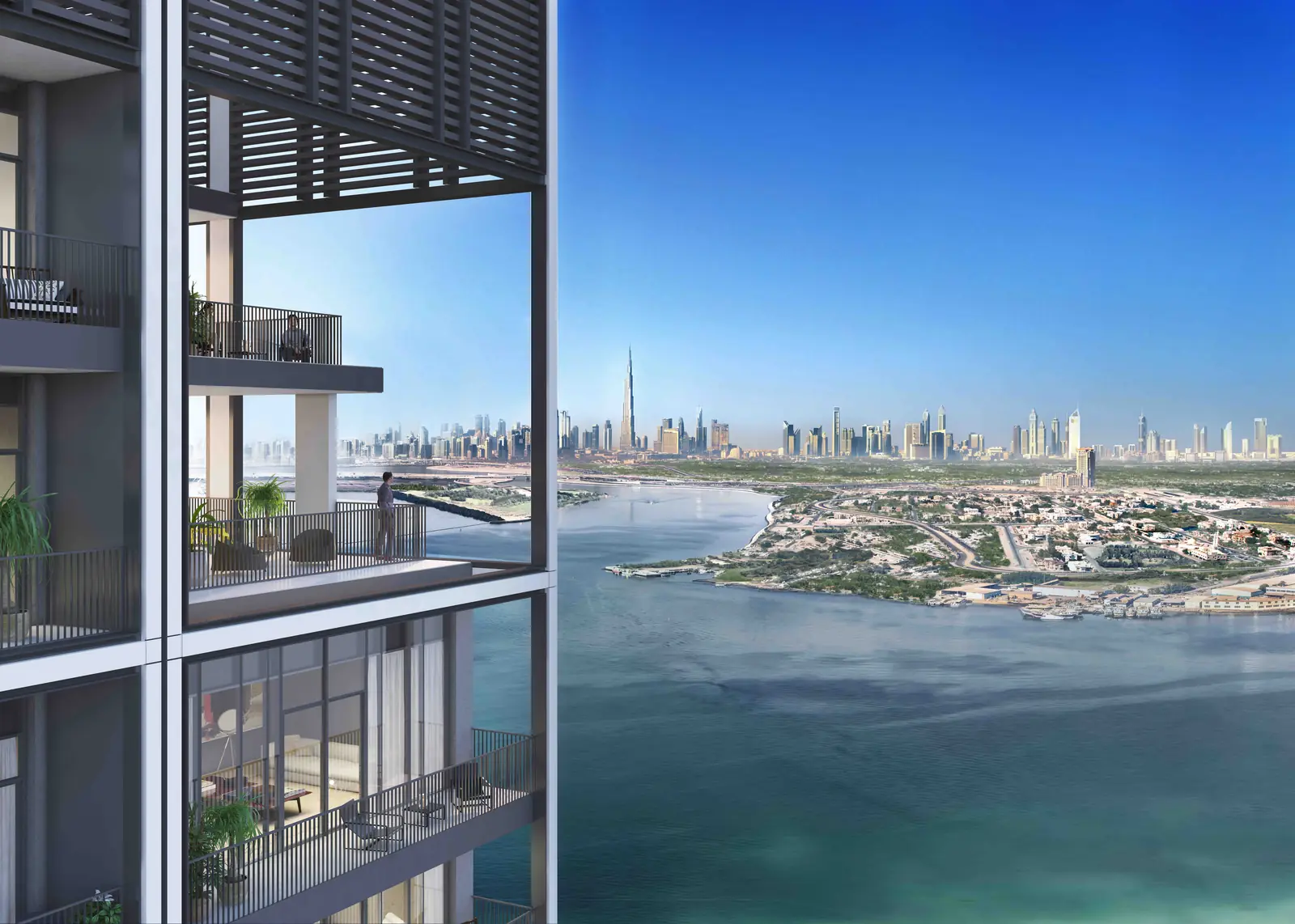 17 Icon Bay — balcony view over Dubai Creek towards Downtown, render (Emaar)