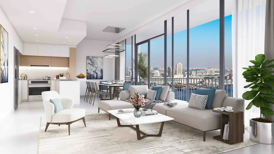 17 Icon Bay — living and dining room with Creek views, render (Emaar)