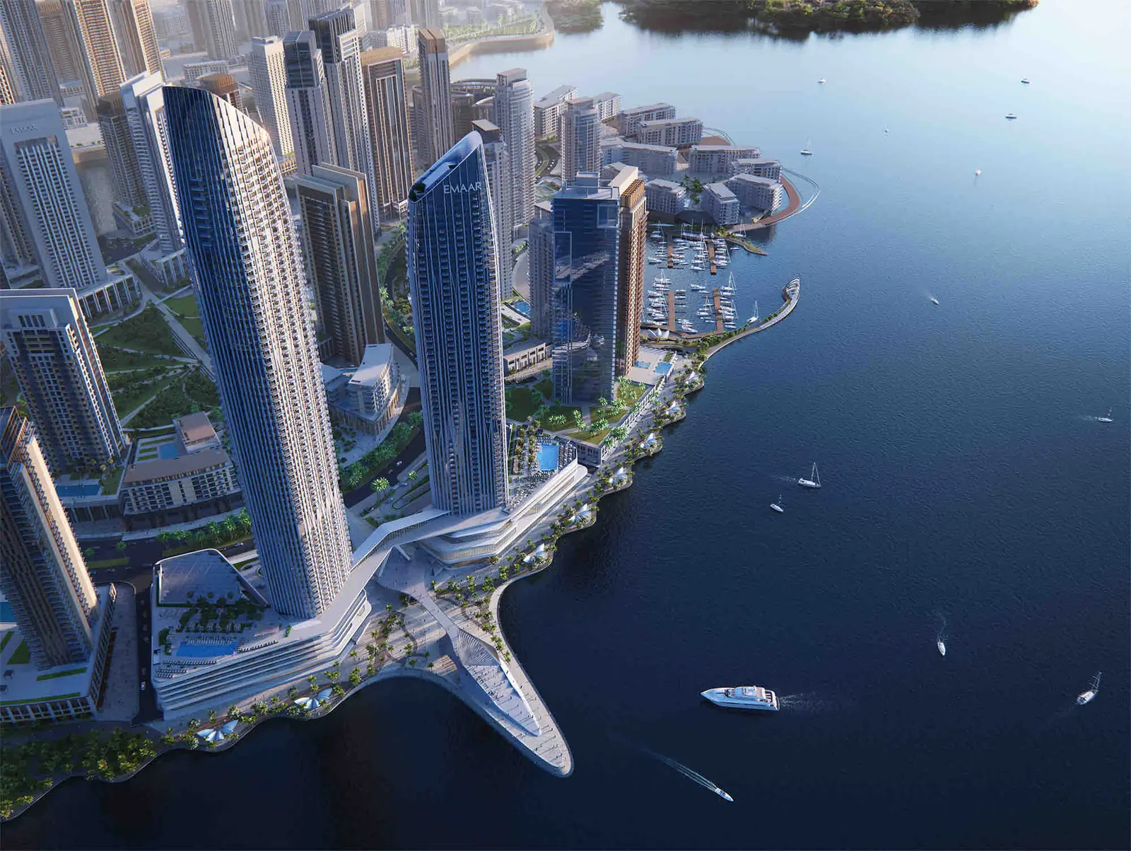 Address Harbour Point — the twin towers at the tip of Creek Island, aerial render (Emaar)