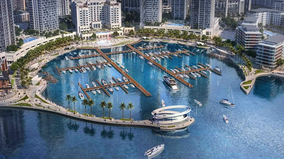 Address Harbour Point — Creek Marina below the towers, aerial render (Emaar)