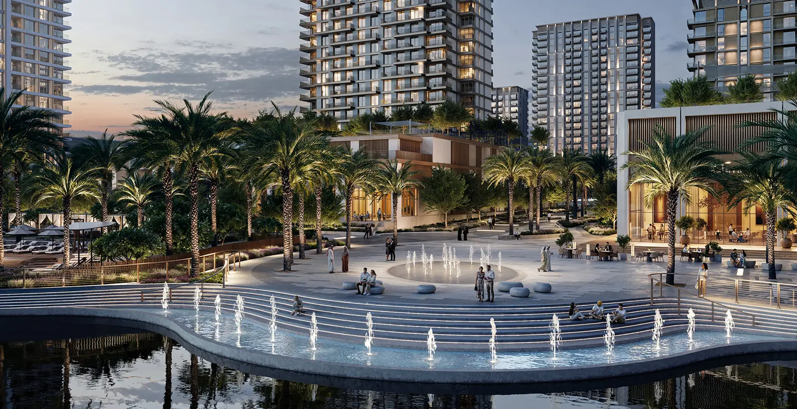 Address Residences — the towers above the fountain lake at dusk, render (Emaar)