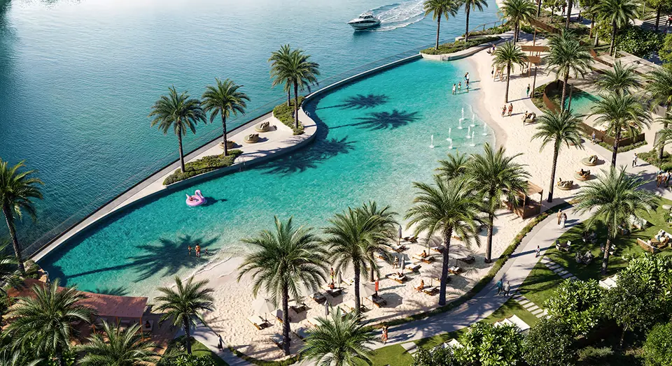 Address Residences — the urban beach lagoon beside the Creek, render (Emaar)