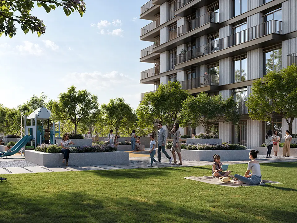 Address Residences — play lawn at the foot of the tower, render (Emaar)