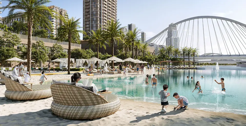Aeon — the lagoon beach at Creek Beach with the bridge beyond, render (Emaar)