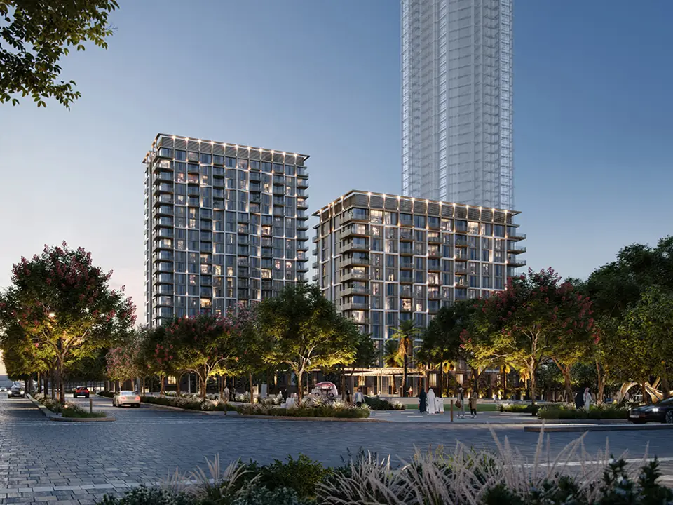 Aeon — the towers beside the lagoon at dusk, render (Emaar)