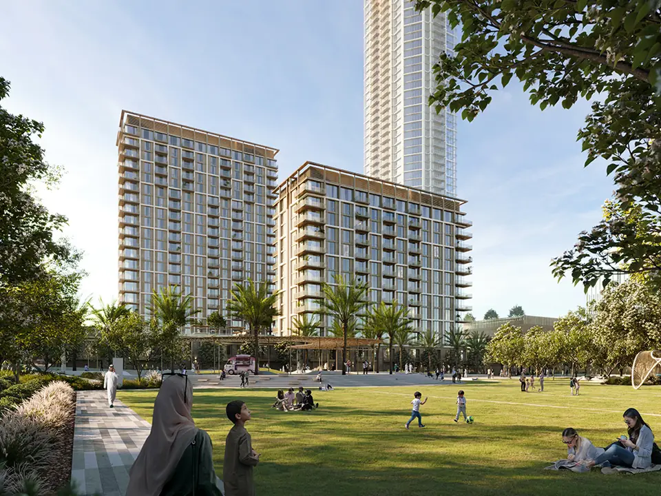 Aeon — the towers above the community lawn, render (Emaar)