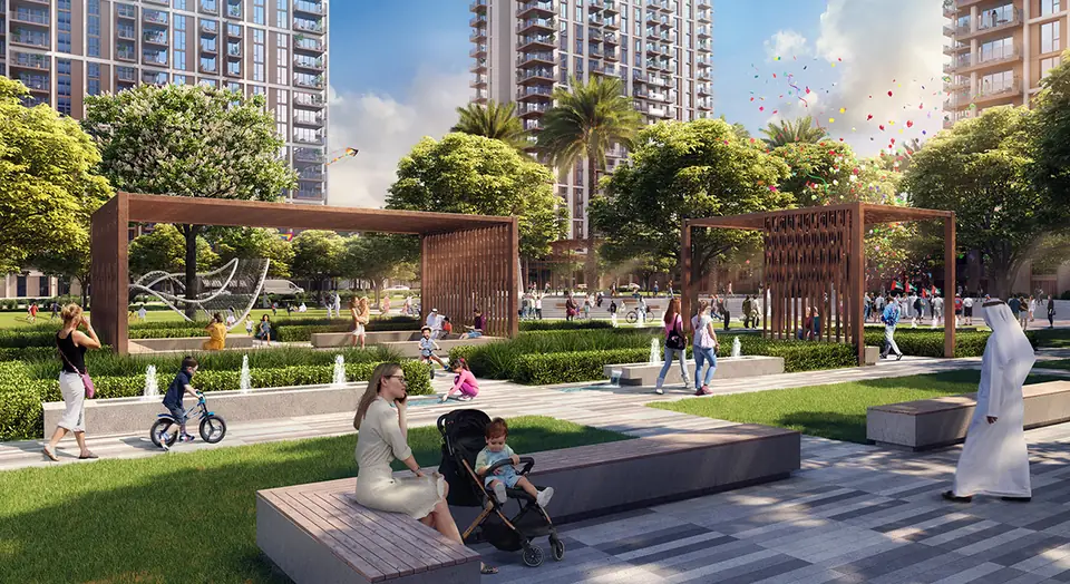 Aeon — the park and play areas beneath the towers, render (Emaar)