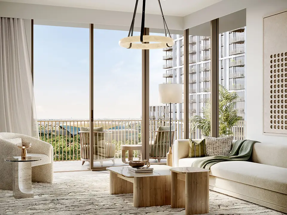 Aeon — living room with lagoon views, render (Emaar)