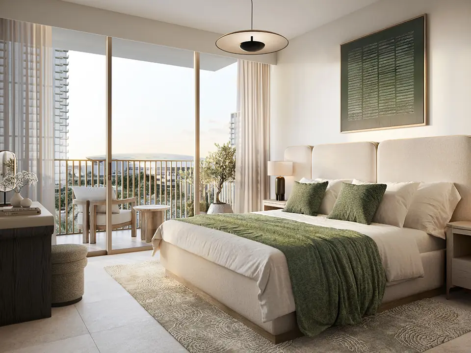 Aeon — bedroom opening onto the balcony, render (Emaar)