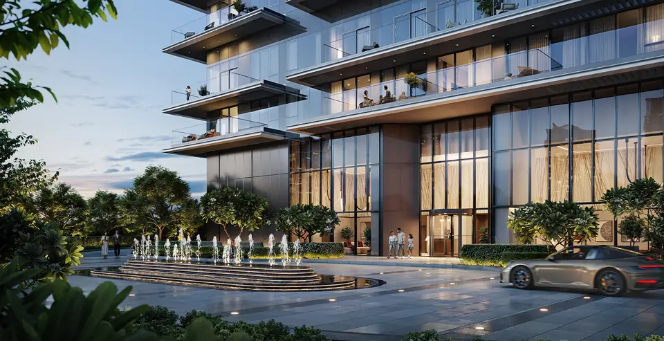 Albero — the podium entrance and fountains in the evening, render (Emaar)