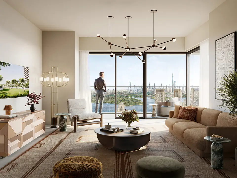 Albero — living room with skyline views, render (Emaar)