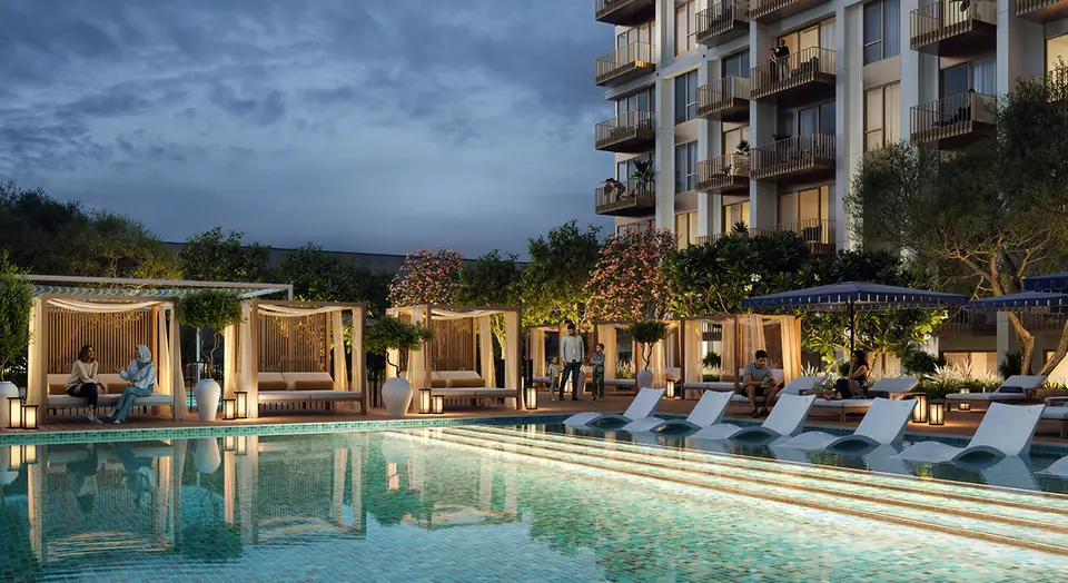 Altus — the pool and cabanas at dusk, render (Emaar)