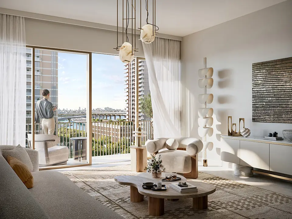 Altus — living room opening onto the balcony, render (Emaar)