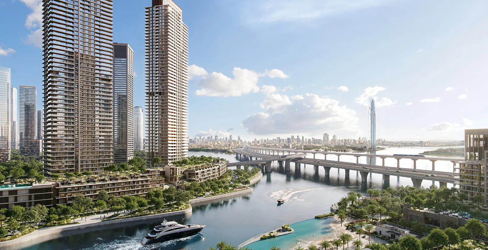 ARLO — the towers beside the Creek and the Creek Island bridge, render (Emaar)