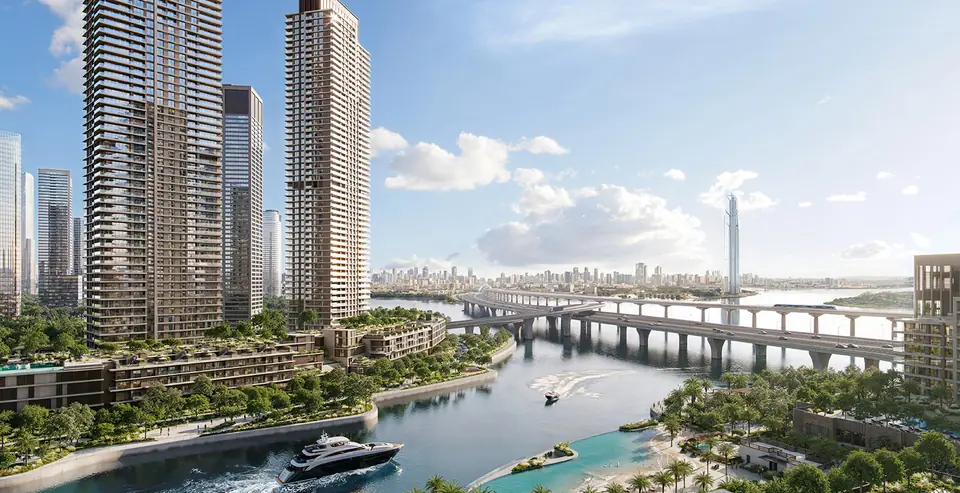 ARLO — the towers beside the Creek and the Creek Island bridge, render (Emaar)