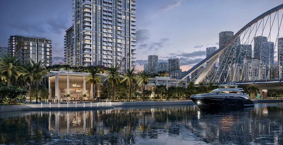 ARLO — the waterfront at dusk with the bridge behind, render (Emaar)