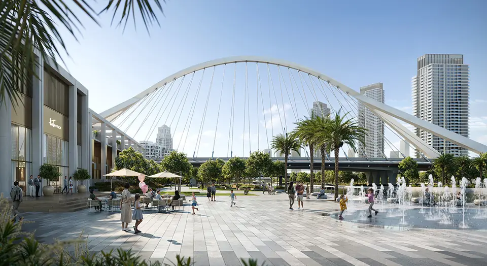 ARLO — the plaza fountains under the bridge, render (Emaar)