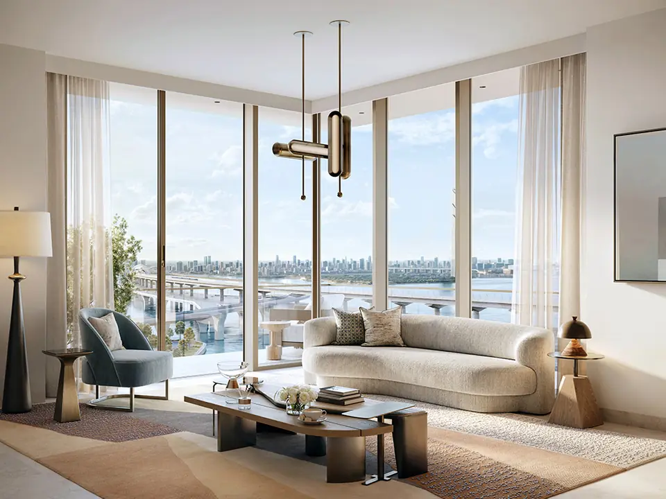 ARLO — living room with Creek views, render (Emaar)