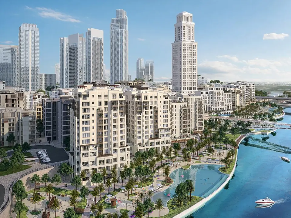 Cedar — Creek Beach's low-rise homes along the water, aerial render (Emaar)