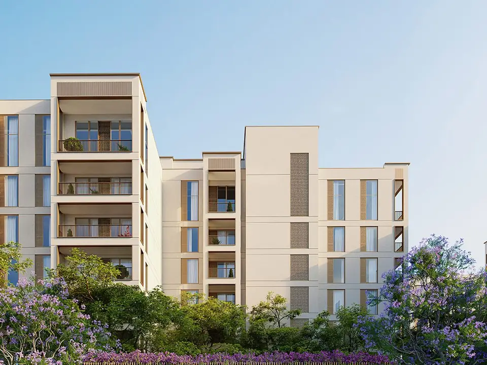 Cedar — the building facade and gardens, render (Emaar)