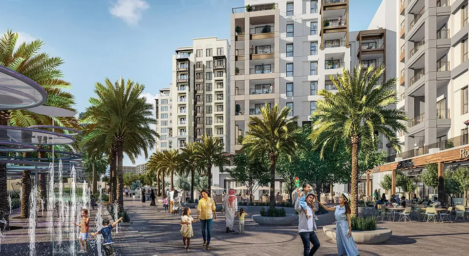 Cedar — the neighbourhood street with fountains and cafés, render (Emaar)