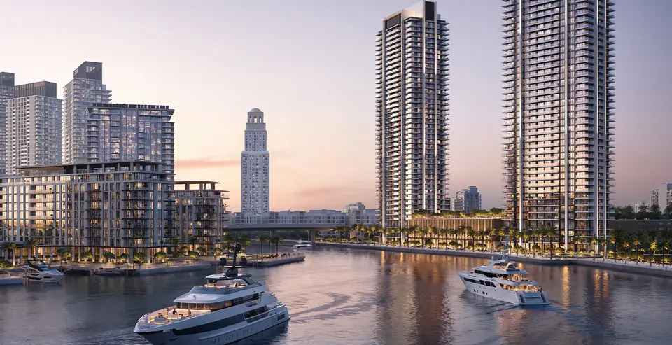 Creek Bay — the towers above the marina at dusk, render (Emaar)