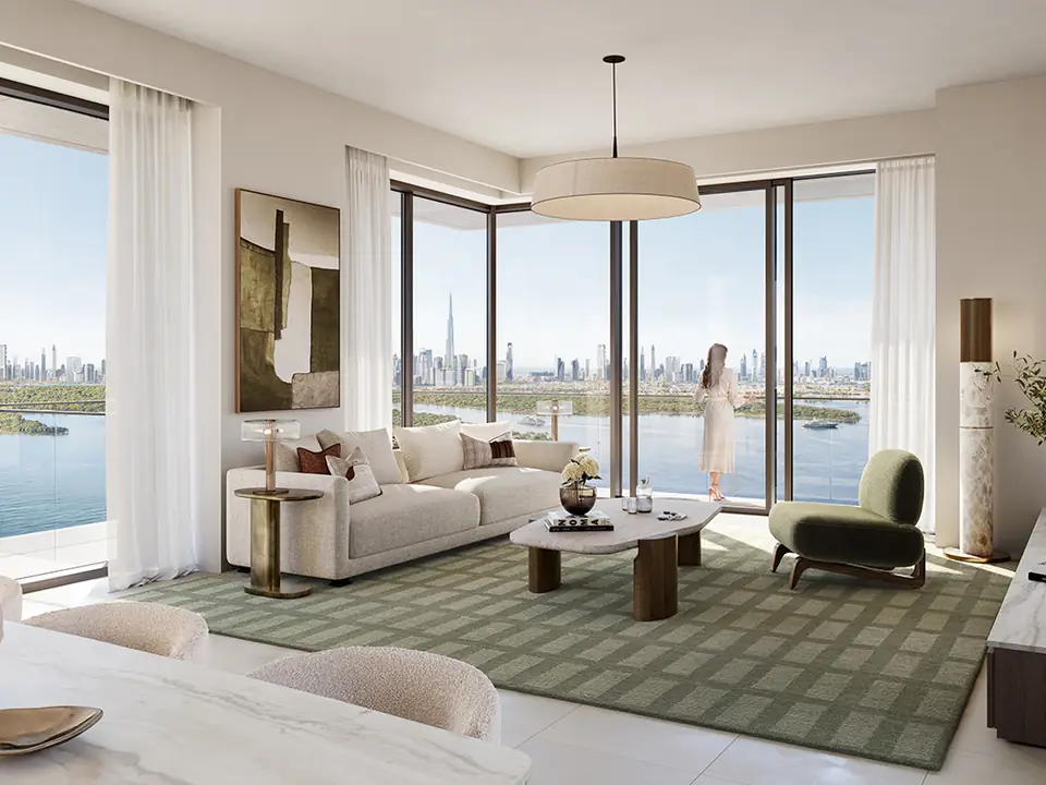 Creek Bay — living room with Creek views, render (Emaar)