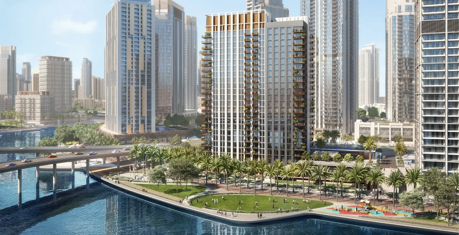 Creek Crescent — the towers beside the canal and Creek Island bridge, render (Emaar)