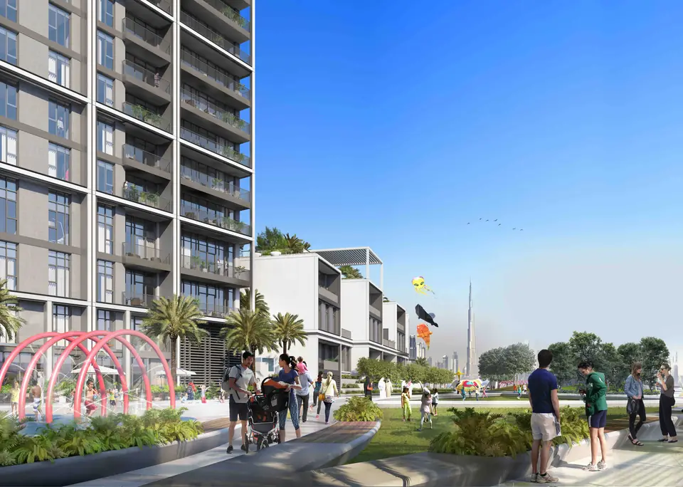 Creek Edge — promenade and play area at the foot of the tower, render (Emaar)