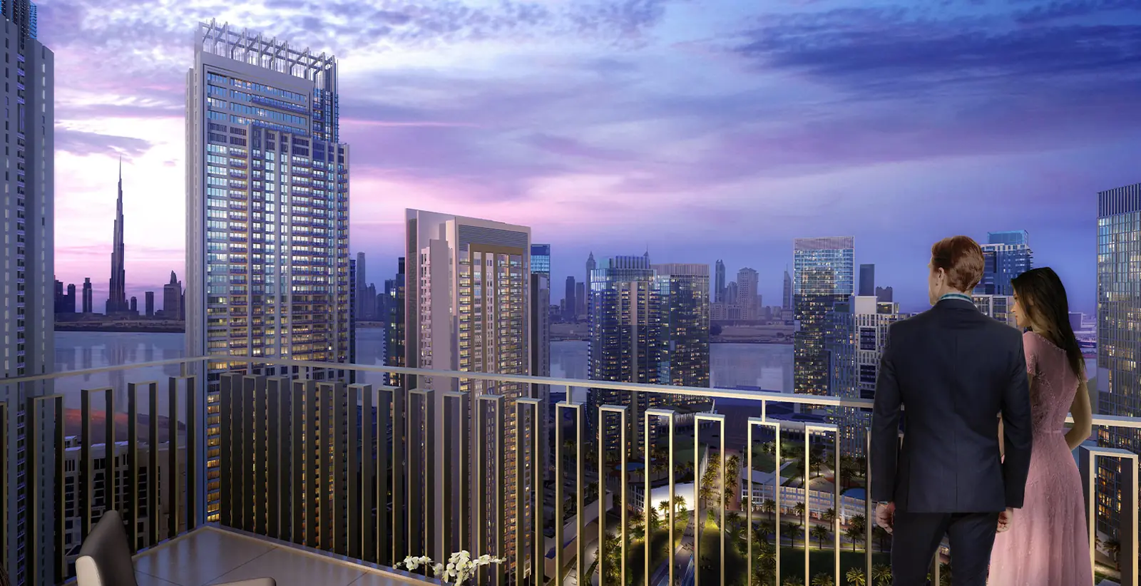 Creek Gate — balcony over the Creek with the Downtown skyline, render (Emaar)