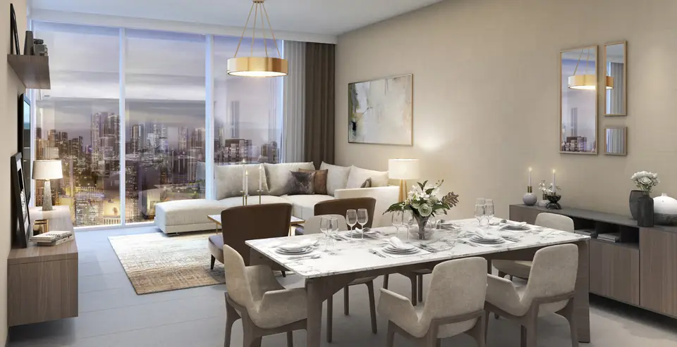 Creek Gate — living and dining room with Creek views, render (Emaar)