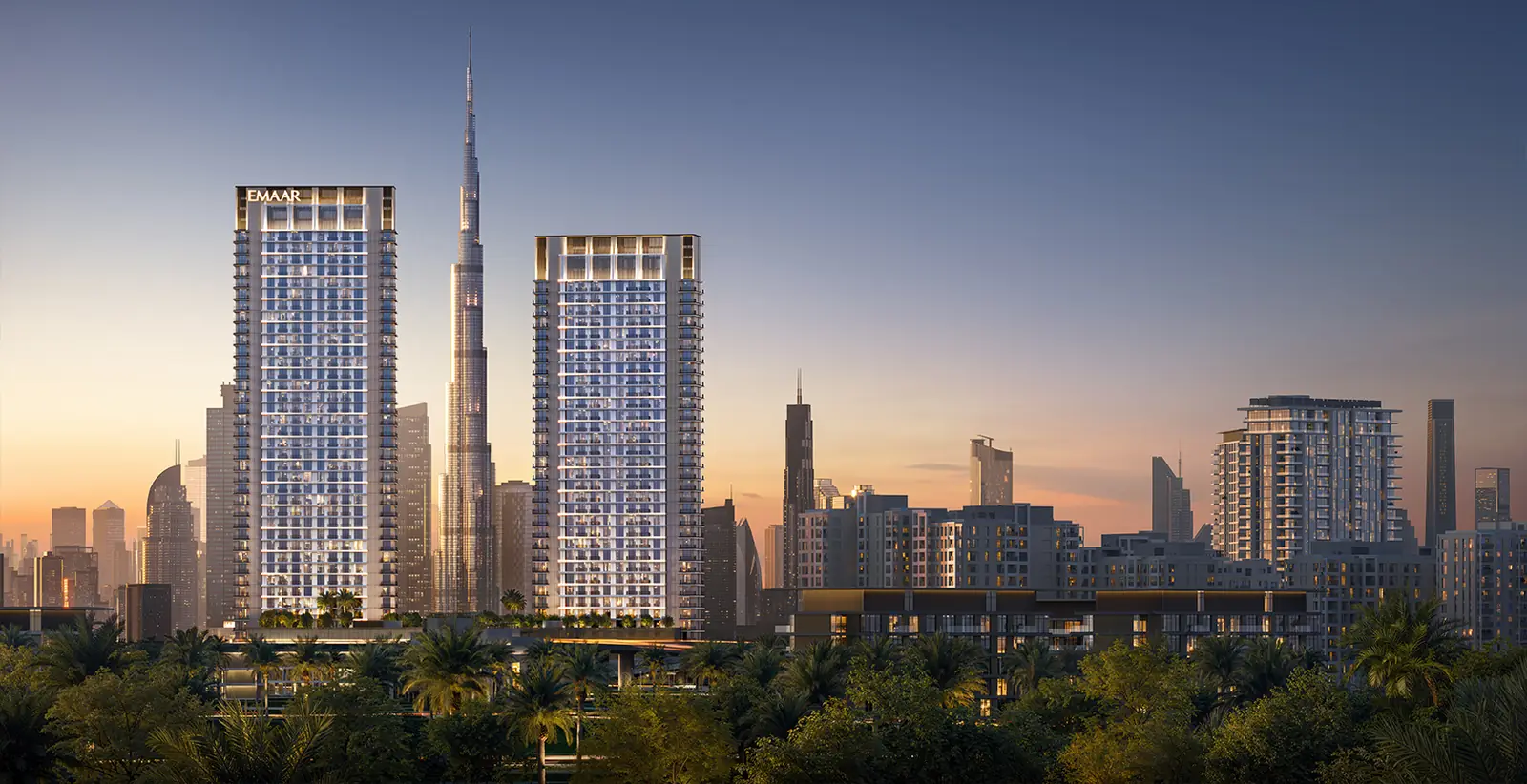 Creek Haven — the two towers at dusk with the Downtown skyline, render (Emaar)