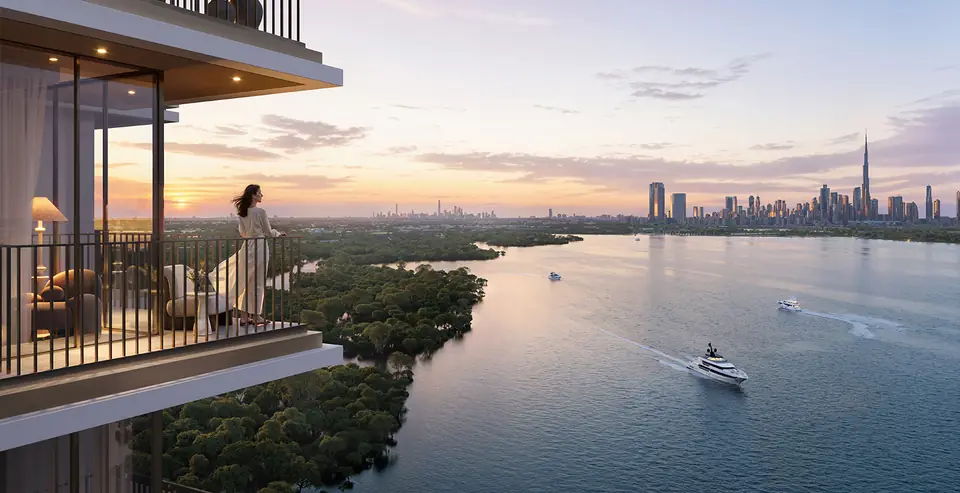 Creek Haven — balcony view over the Creek towards Downtown Dubai, render (Emaar)
