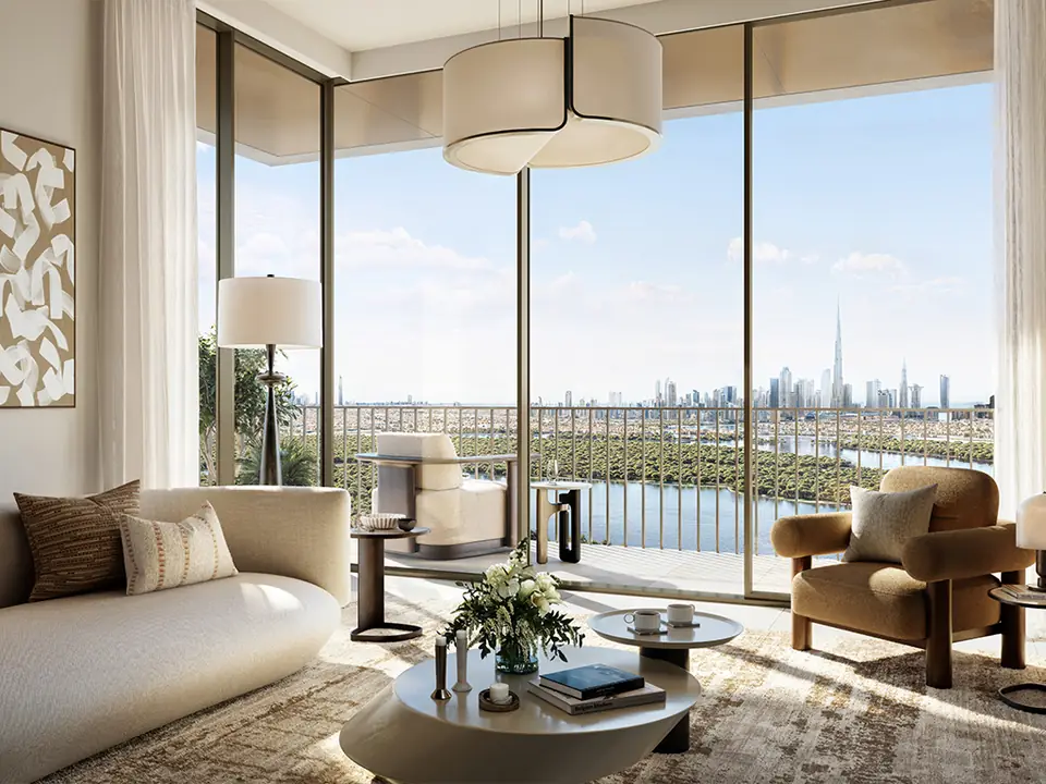 Creek Haven — living room with Creek views, render (Emaar)