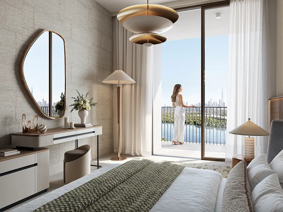 Creek Haven — bedroom opening onto a balcony, render (Emaar)
