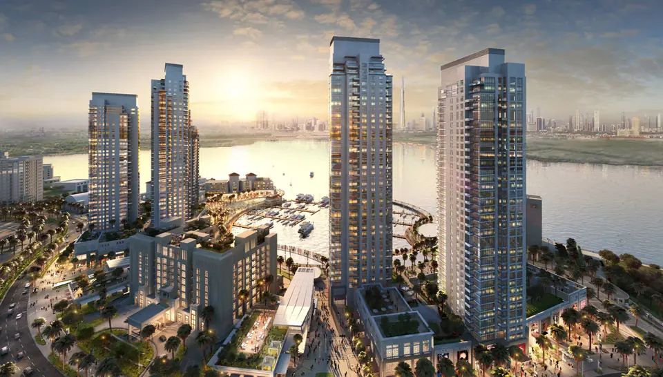 Creek Horizon — the towers at sunset over Dubai Creek, render (Emaar)