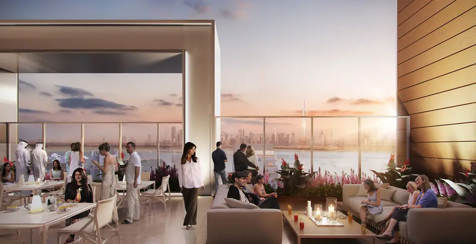 Creek Horizon — terrace lounge at sunset, render (Emaar)