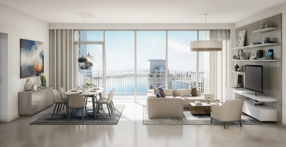 Creek Horizon — living room with floor-to-ceiling Creek views, render (Emaar)