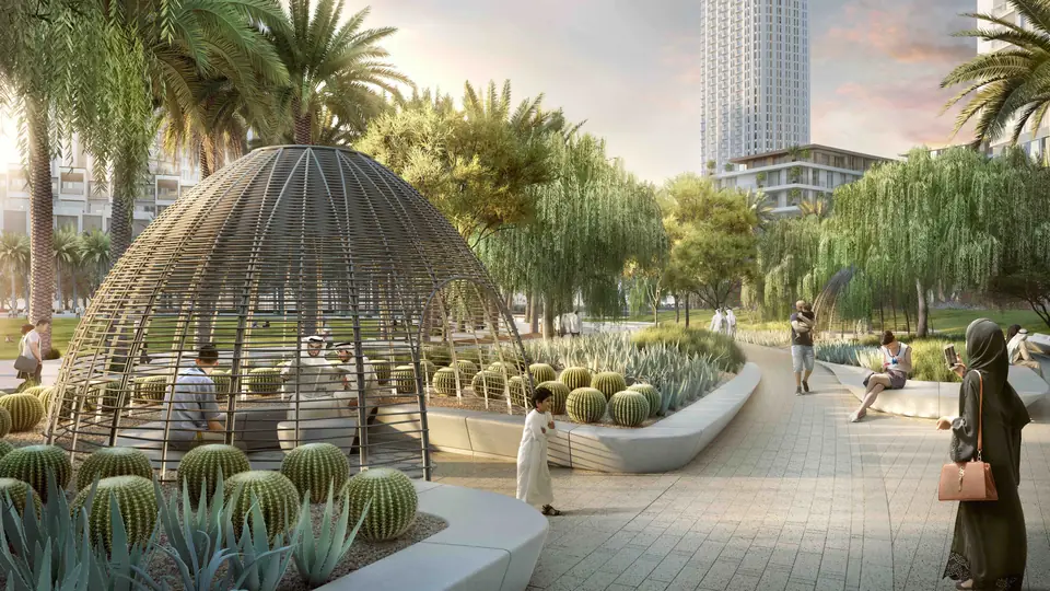 Creek Palace — landscaped gardens on the podium, render (Emaar)