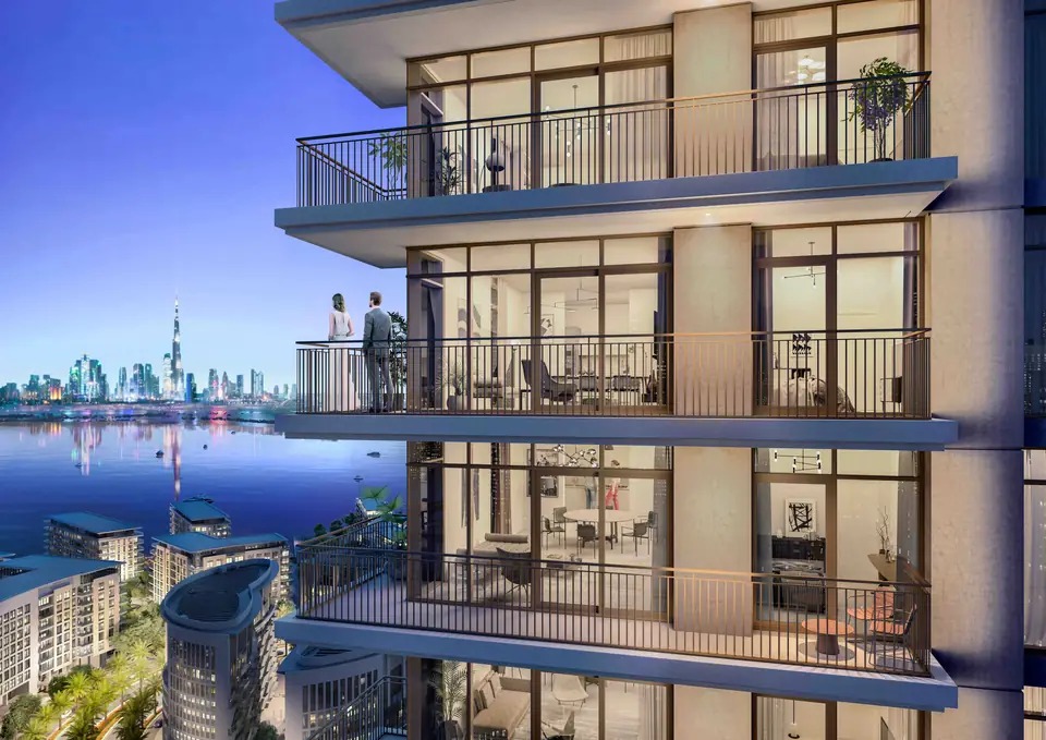 Creek Palace — balconies facing the Downtown skyline at dusk, render (Emaar)