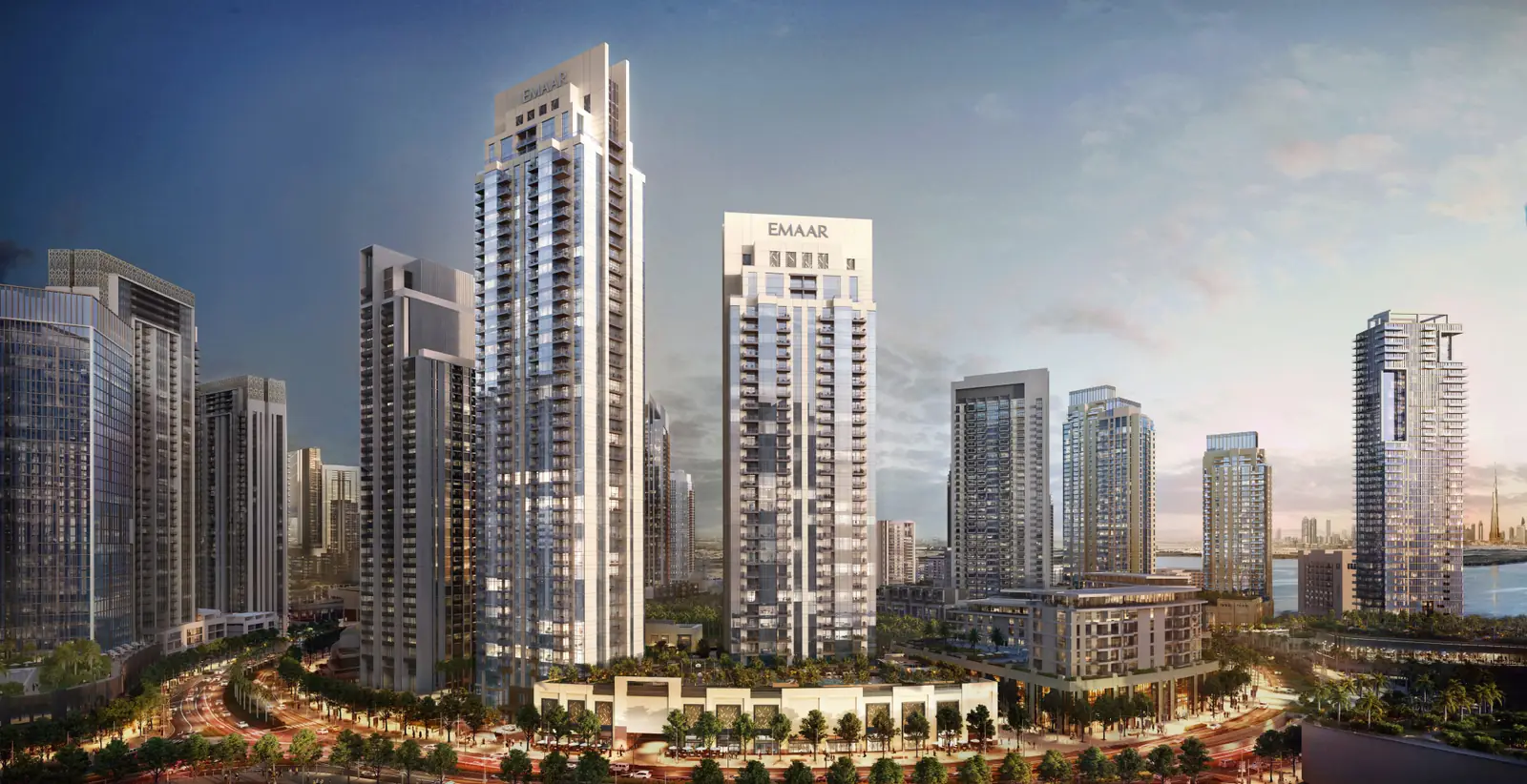 Creek Rise — the twin towers at dusk, render (Emaar)