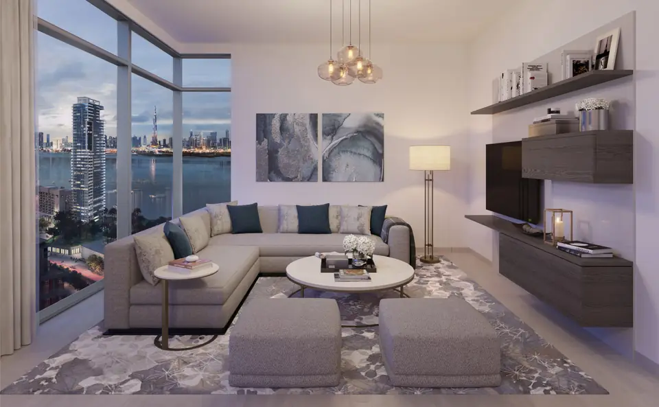 Creek Rise — living room with Creek views, render (Emaar)
