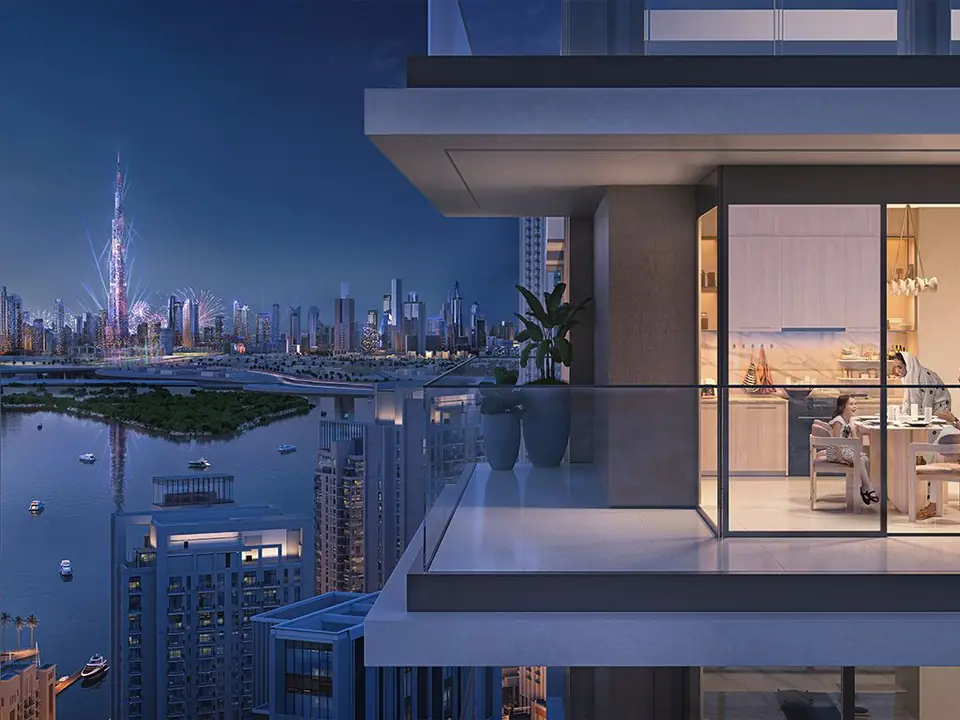 Creek Waters 2 — balcony at night facing Downtown Dubai, render (Emaar)