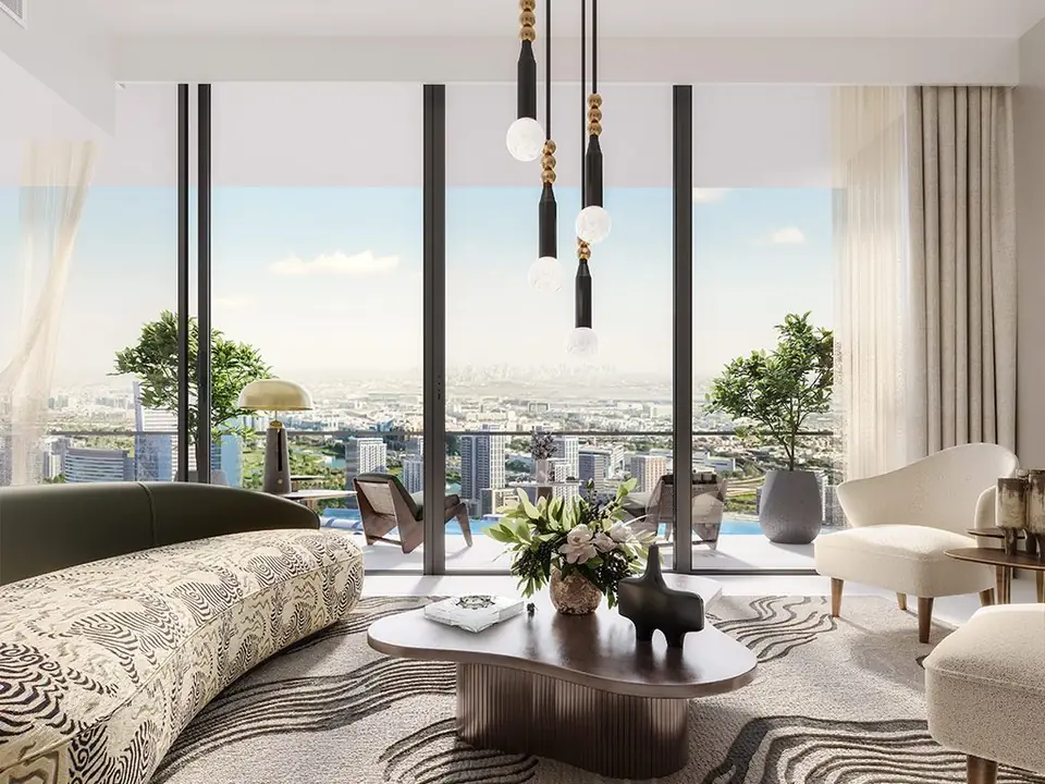 Creek Waters 2 — living room with skyline views, render (Emaar)