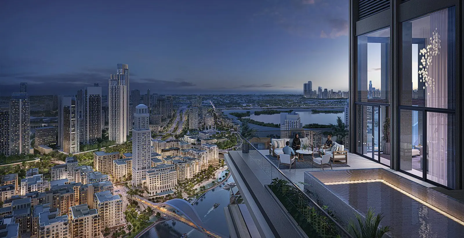 Creek Waters — the towers at dusk with Creek Island bridge, render (Emaar)