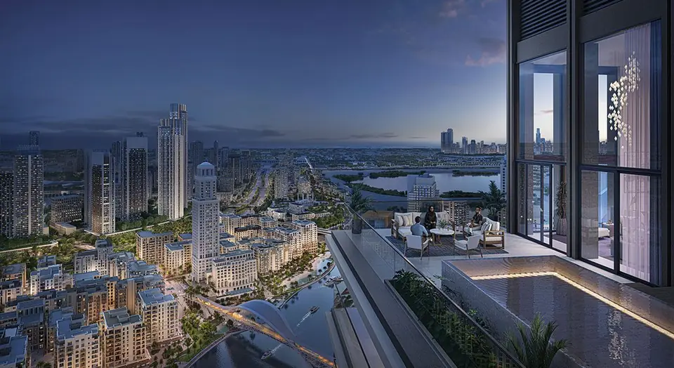 Creek Waters — balcony at dusk over Creek Island, render (Emaar)