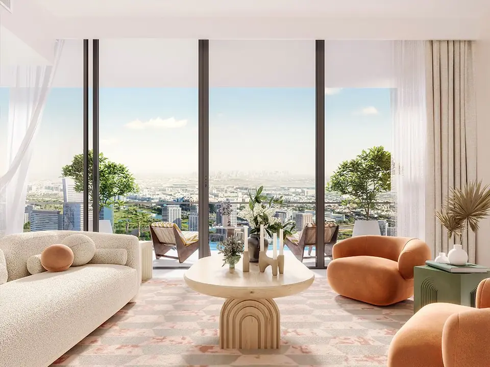 Creek Waters — living room with skyline views, render (Emaar)