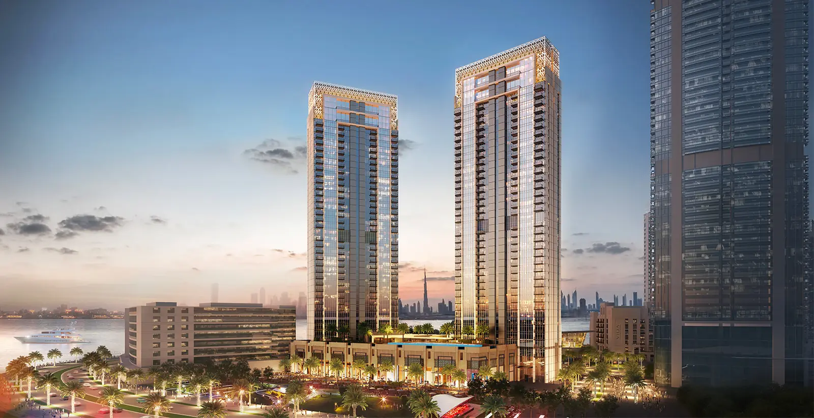 Creekside 18 — the two towers at dusk, render (Emaar)