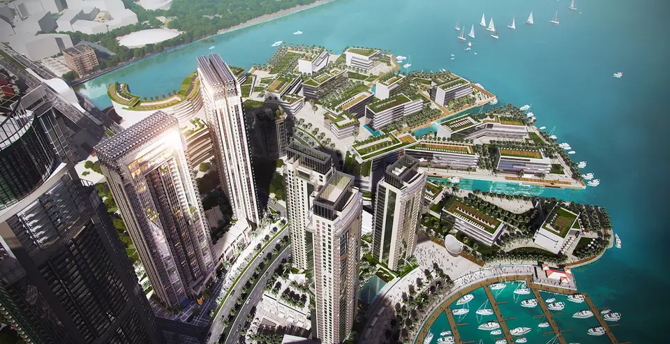 Creekside 18 — aerial view over Creek Island and the marina, render (Emaar)