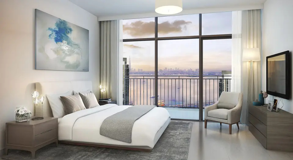 Creekside 18 — bedroom with a balcony over the Creek, render (Emaar)